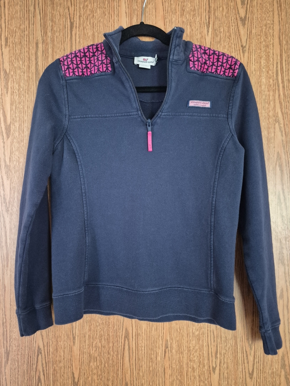 Vineyard Vines Navy Quarter-Zip Pullover with Pink Shoulder Panels XS
